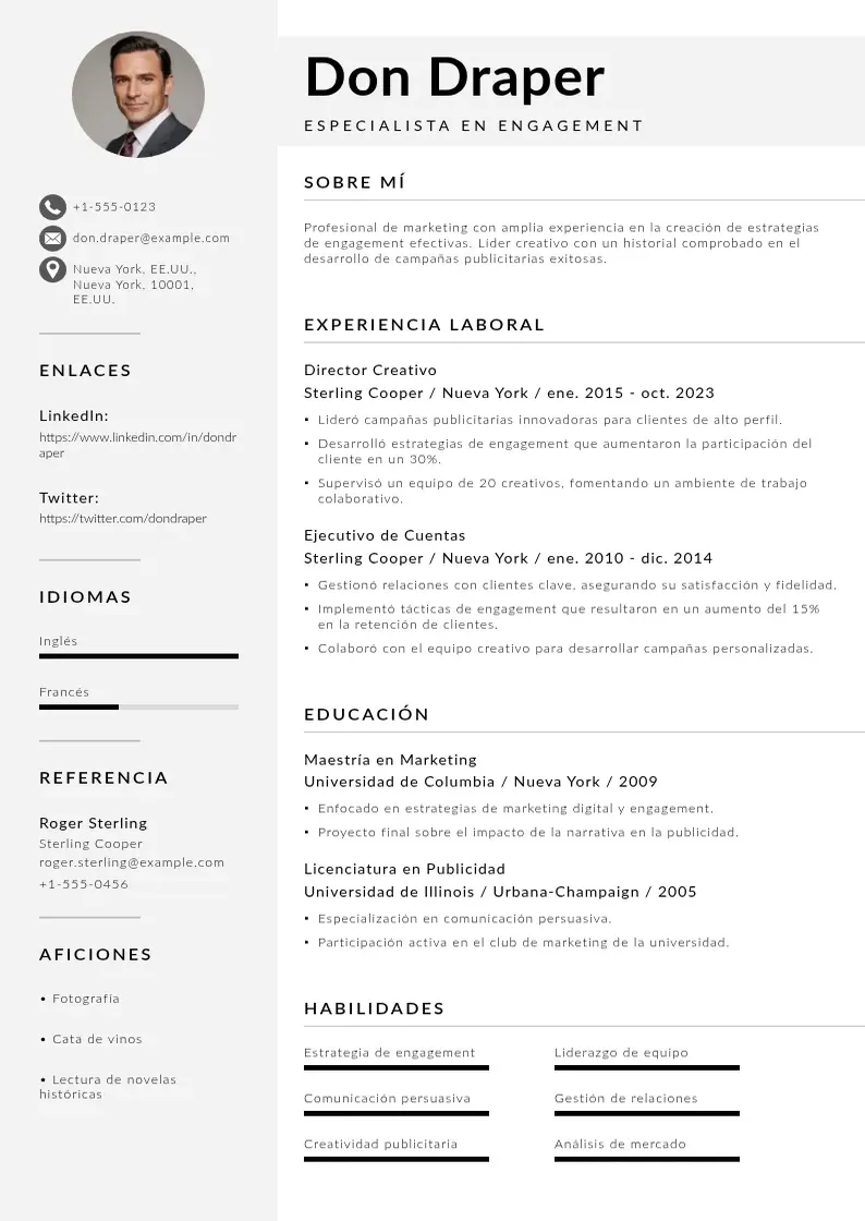 two column especialista-en-engagement resume example