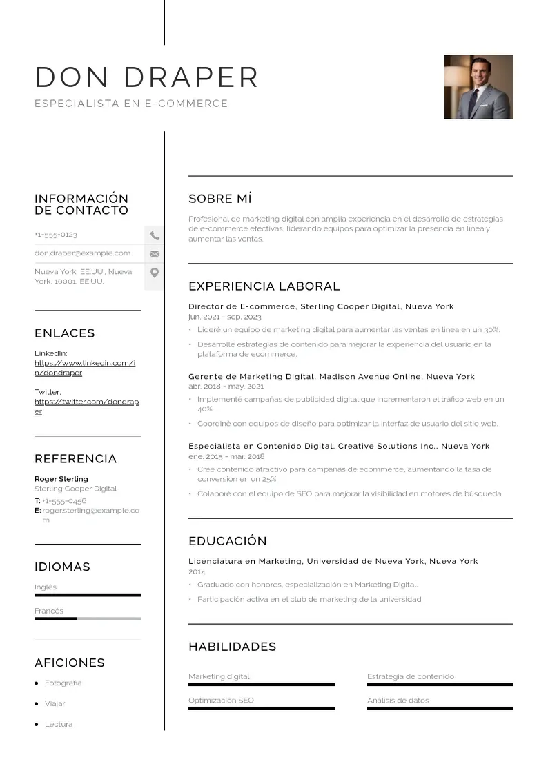 two column especialista-en-e-commerce resume example