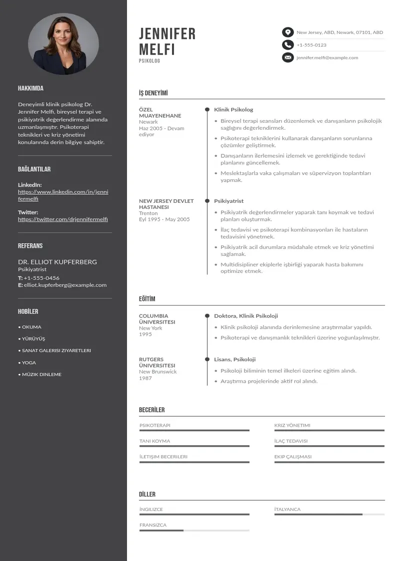 Divu kolonnu Psikolog CV piemērs
