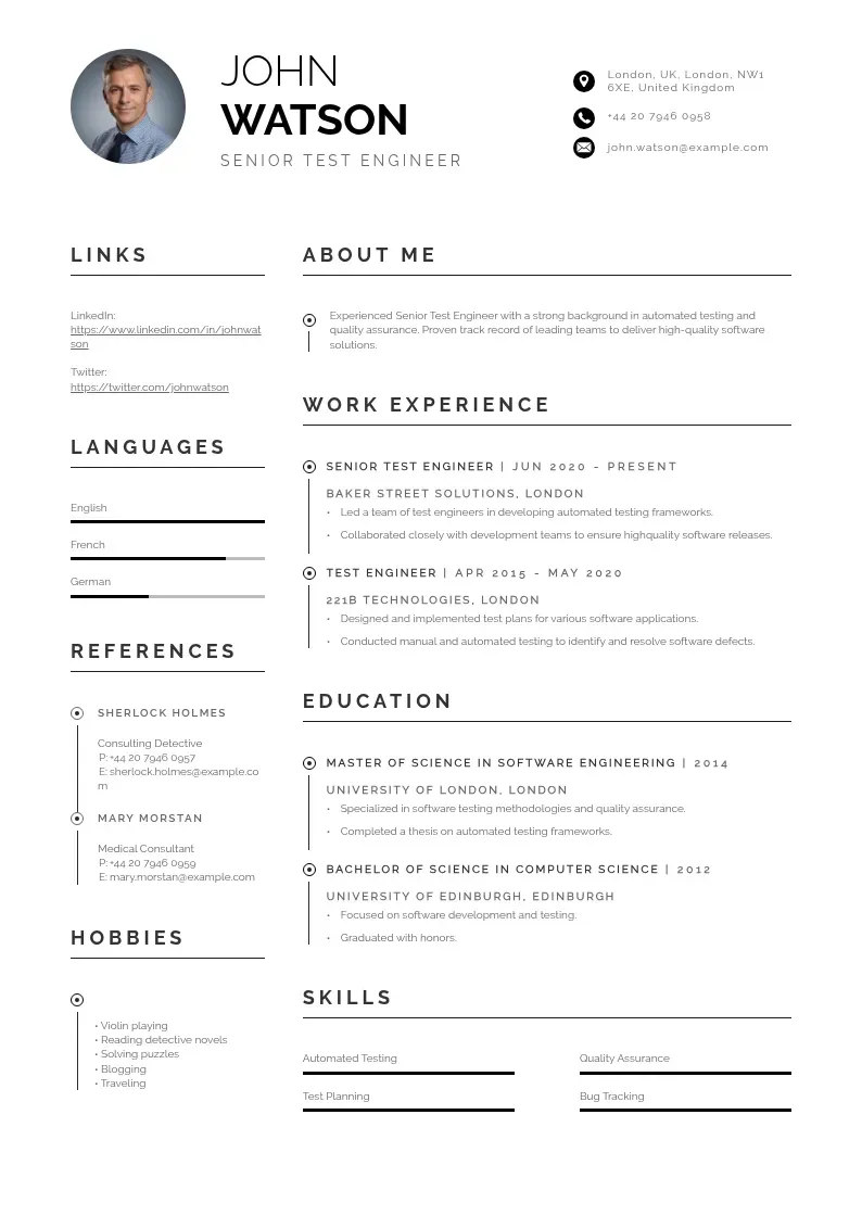professional Senior test engineer resume resume template