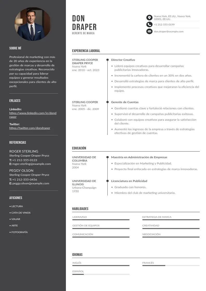 two column cv-gerente-de-marca resume example
