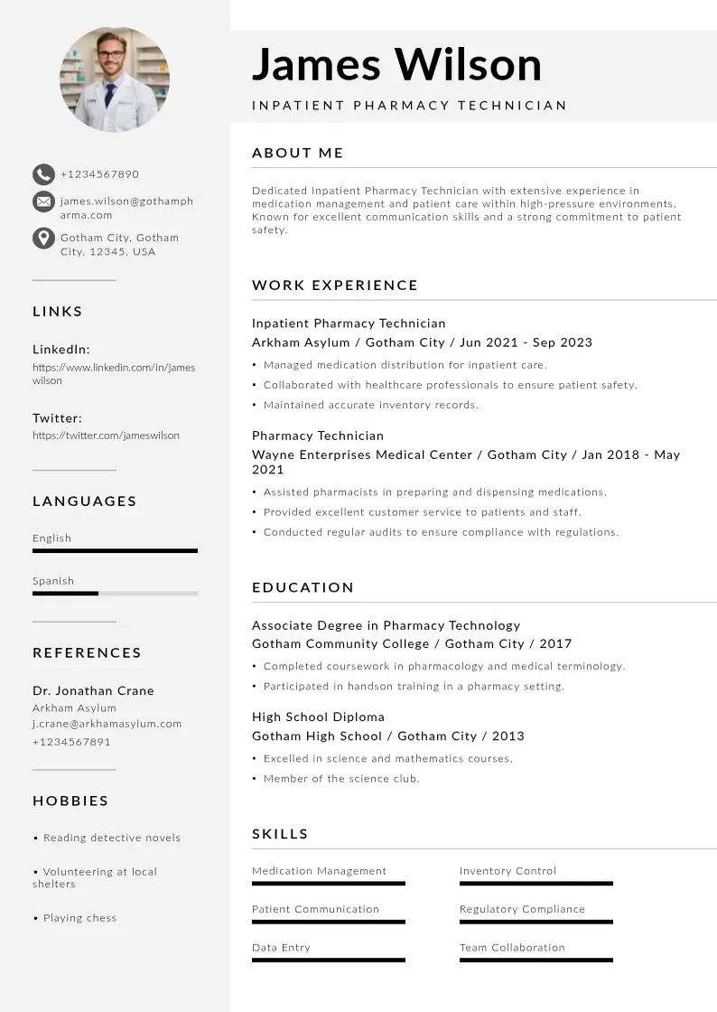 modern Inpatient pharmacy technician resume resume template