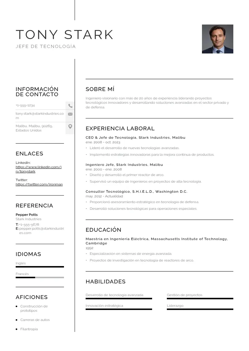 two column cv-jefe-de-tecnologia resume example