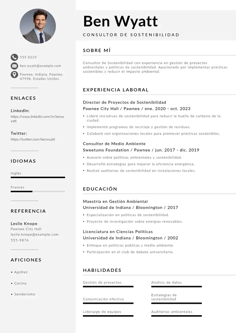 two column consultor-de-sostenibilidad resume example