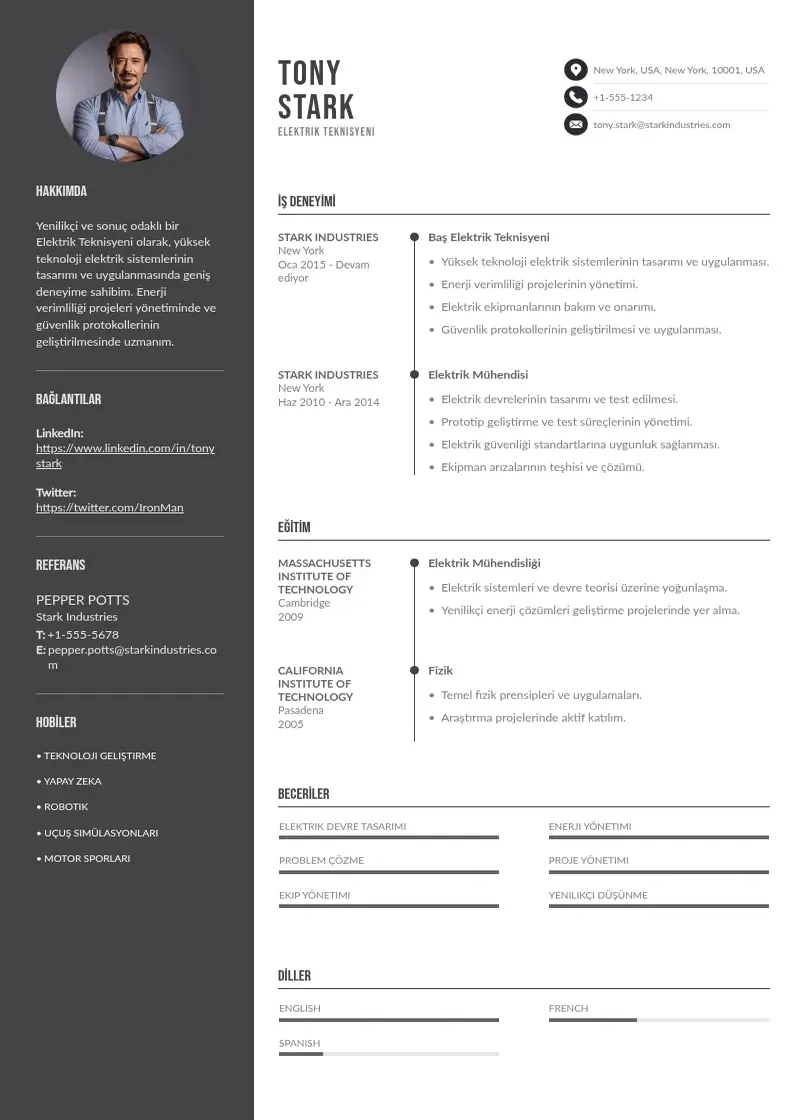 Divu kolonnu Elektrik teknisyeni  CV piemērs