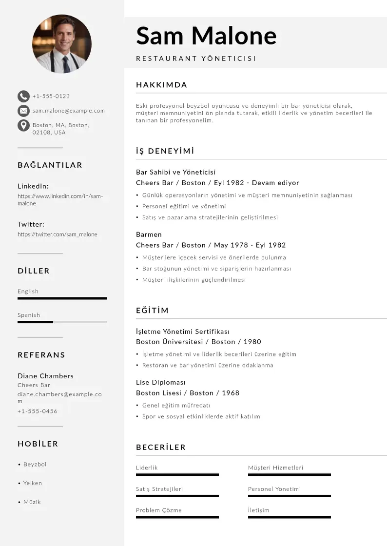 Mūsdienīga Restaurant yoneticisi ozgecmis CV veidne