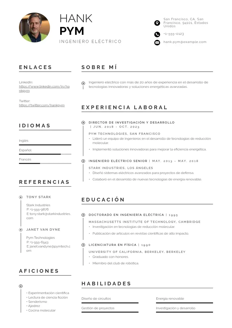two column cv-ingeniero-electrico resume example