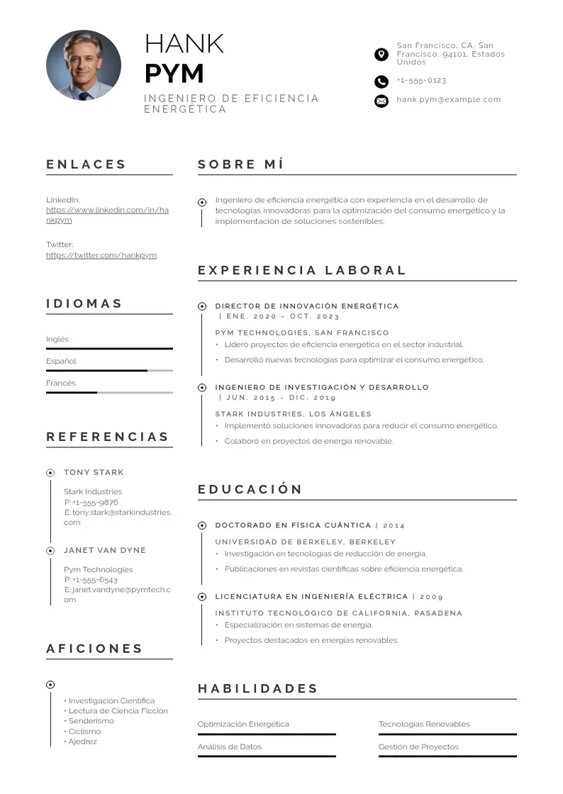 two column ingeniero-de-eficiencia-energetica resume example