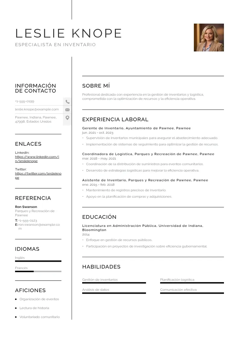 two column especialista-en-inventario resume example