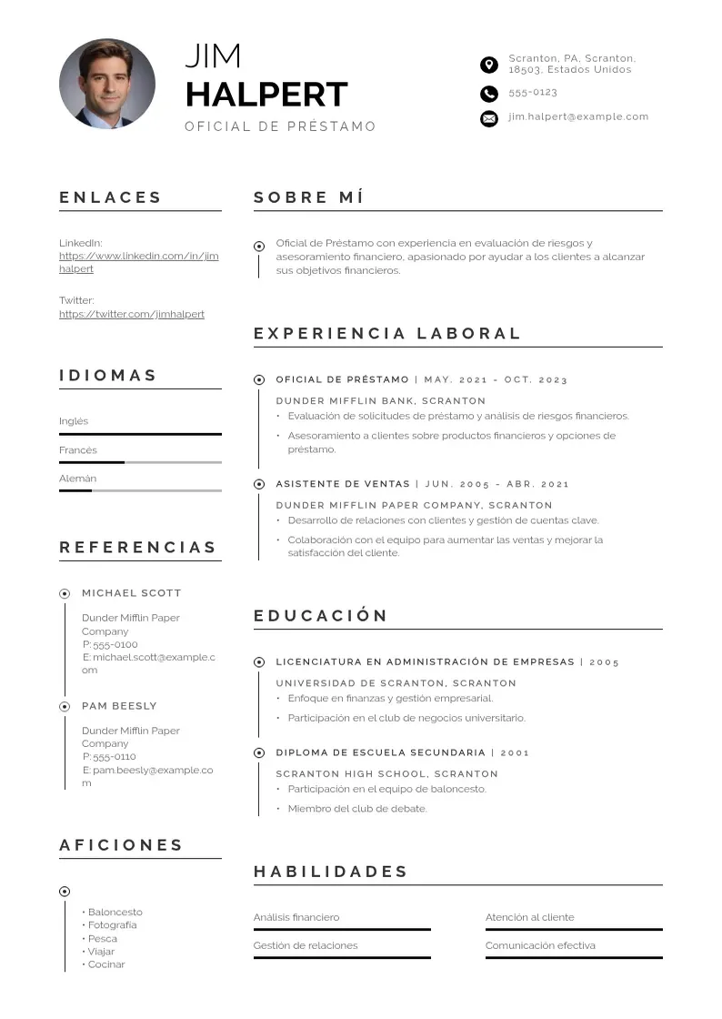 two column cv-oficial-de-prestamo resume example