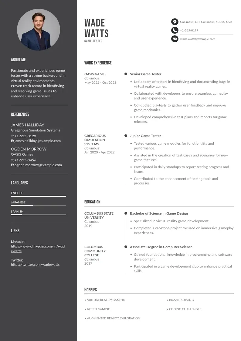 two column game-tester-resume resume example