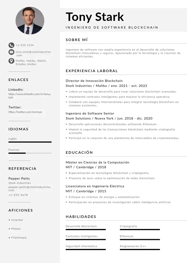 two column ingeniero-de-software-blockchain resume example