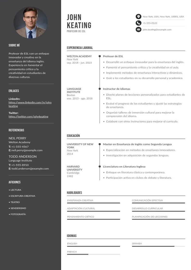 two column cv-profesor-de-esl resume example
