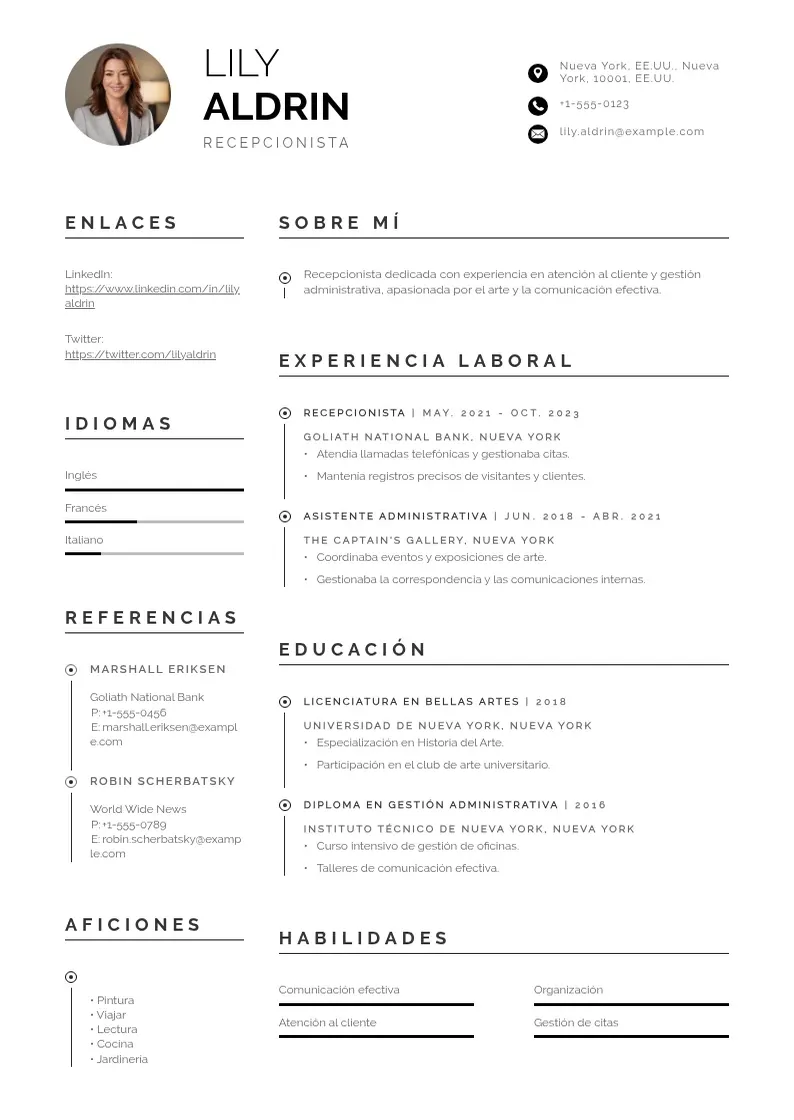 two column cv-recepcionista-de-entrada resume example