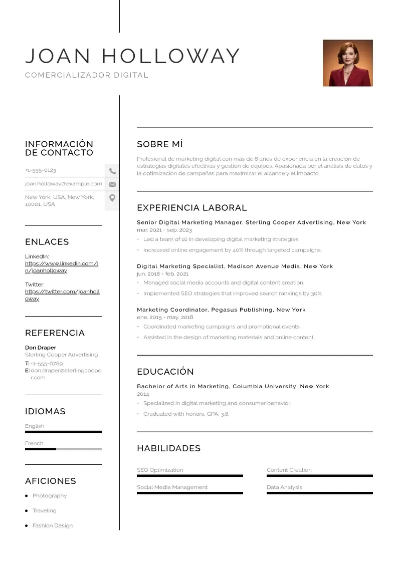 two column cv-comercializador-digital resume example