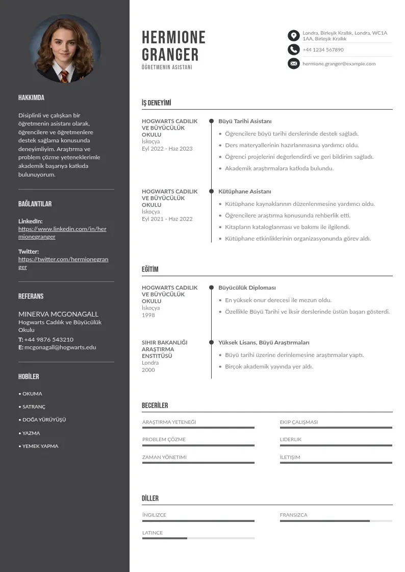 Divu kolonnu Öğretmenin asistanı  CV piemērs
