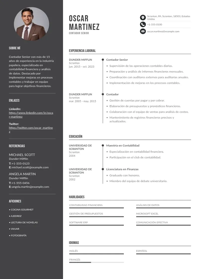 two column cv-contador-senior resume example