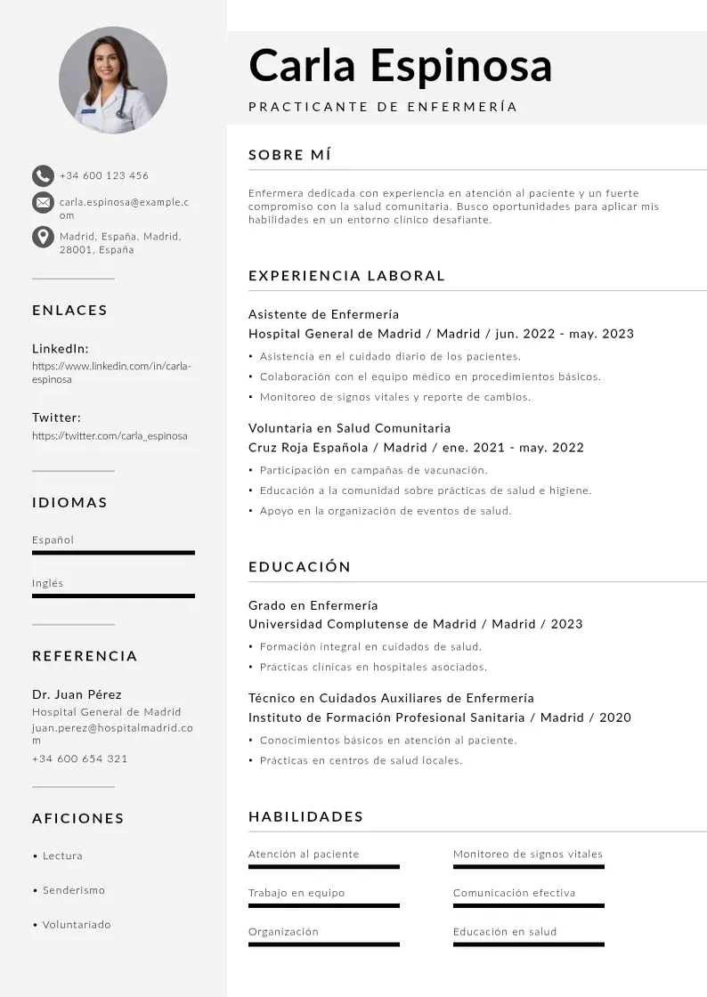 two column cv-practicante-de-enfermeria resume example