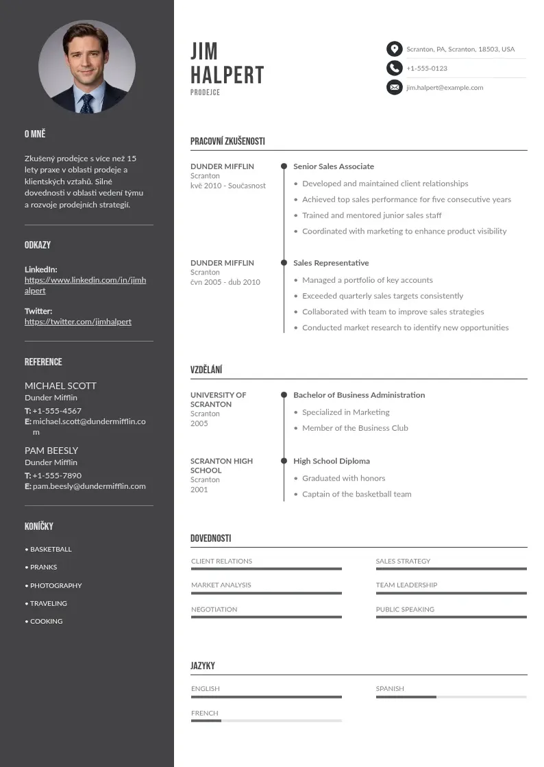 Divu kolonnu Prodejce CV piemērs