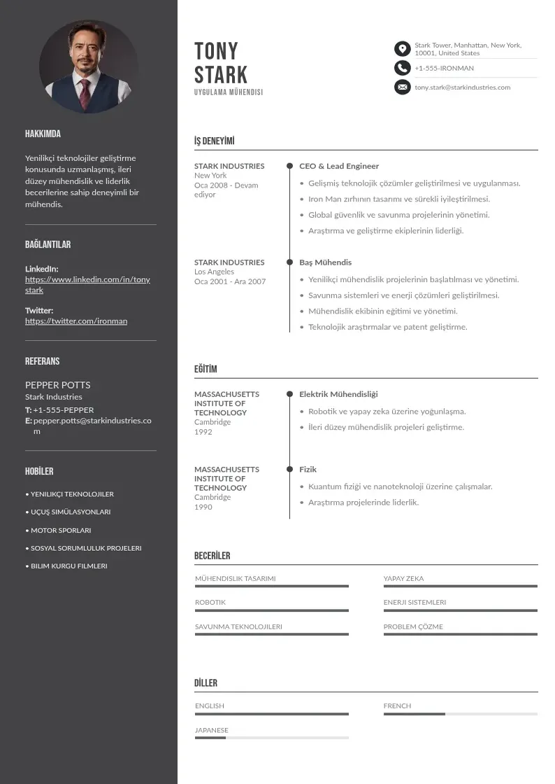 Divu kolonnu Uygulama Mühendisi  CV piemērs