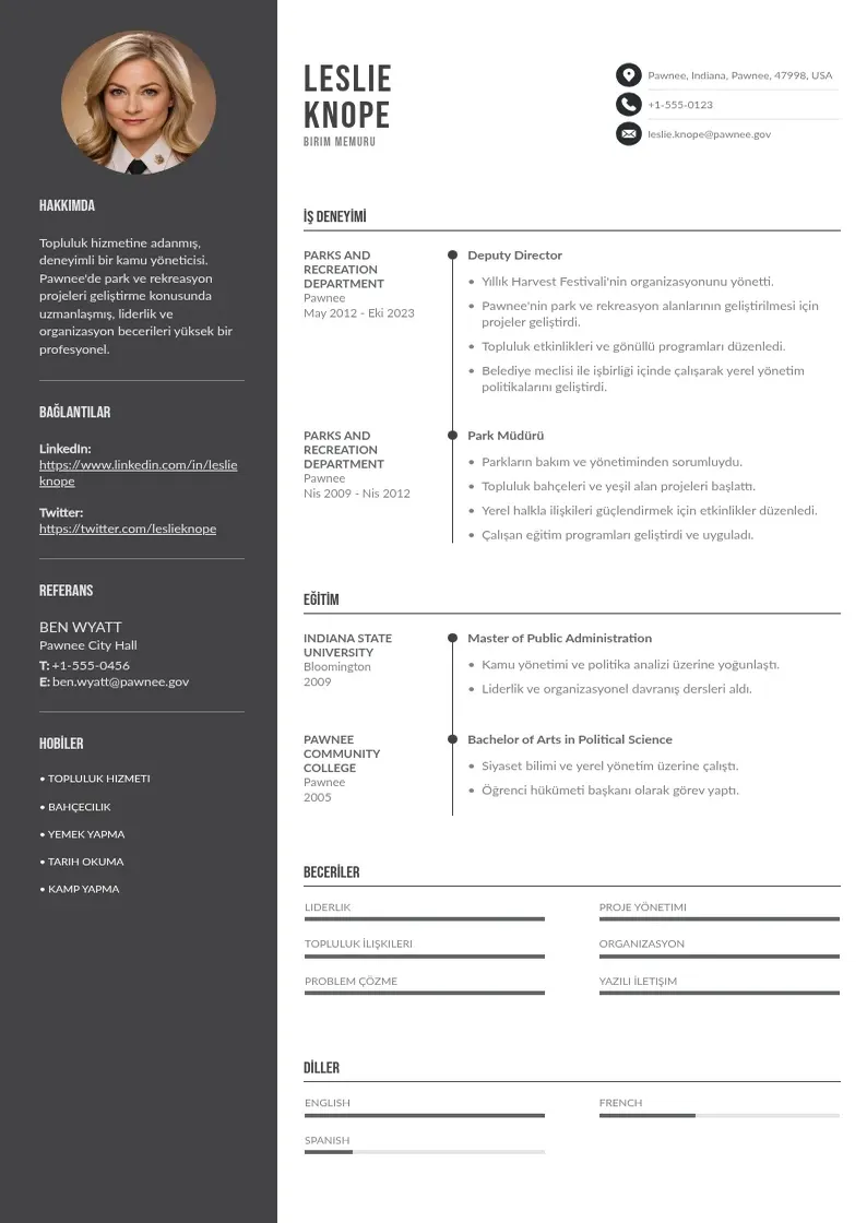 Divu kolonnu Birim Memuru  CV piemērs