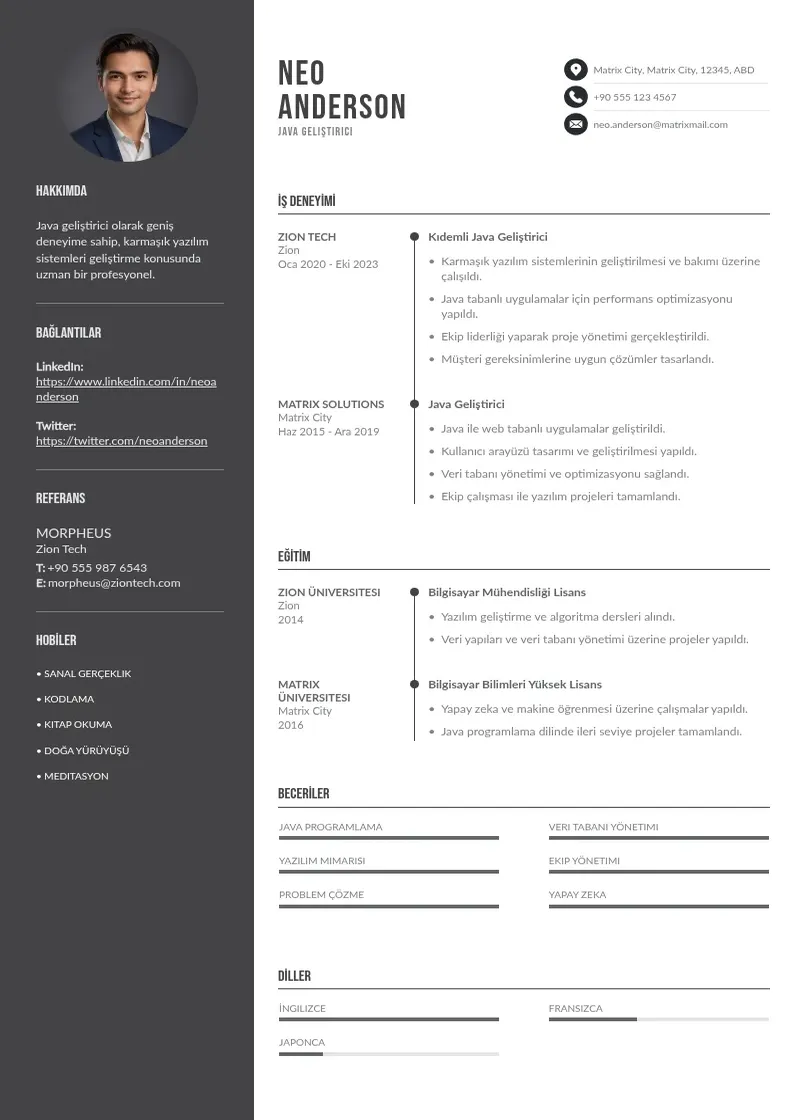 Divu kolonnu Java geliştirici  CV piemērs