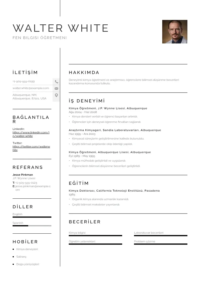 Vienkārša Fen Bilgisi Öğretmeni  CV piemērs