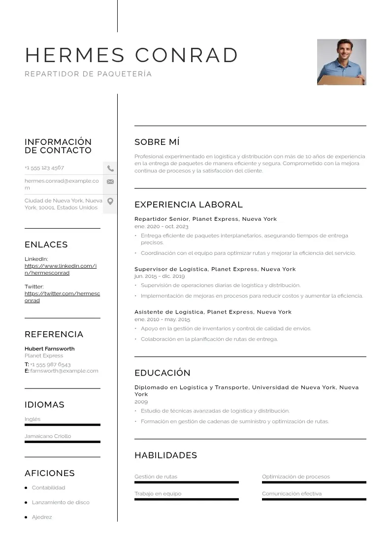 two column curriculum-de-repartidor-de-paqueteria resume example