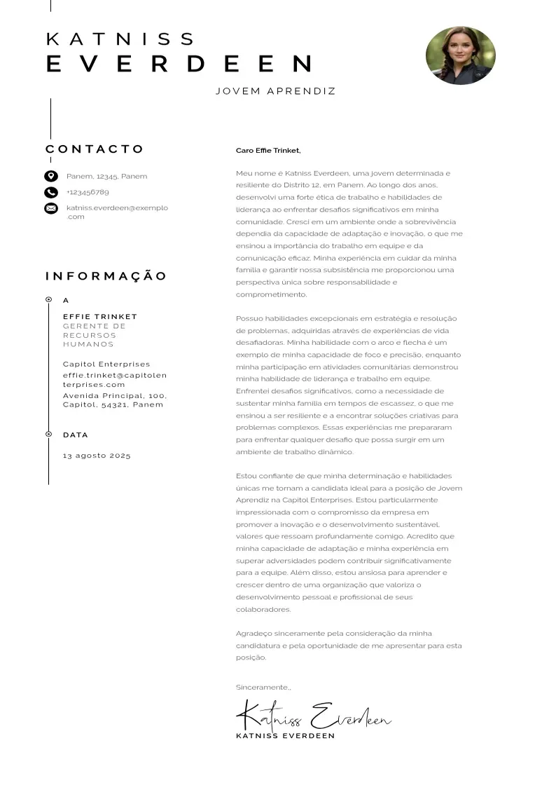 Modelo de carta de apresentação moderna de Jovem aprendiz