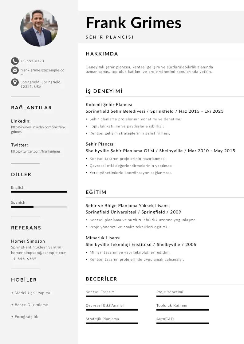 Mūsdienīga Şehir Plancısı  CV veidne