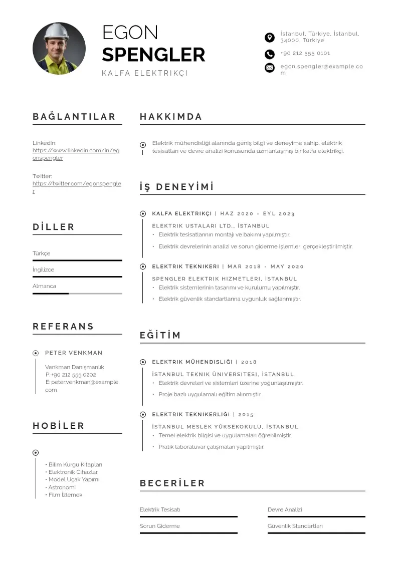 Profesionāla kalfa elektrikçi  CV veidne