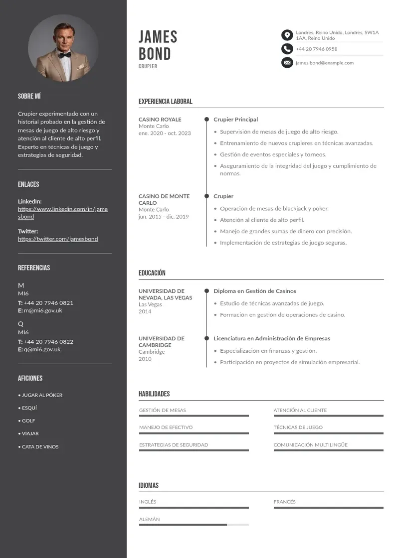 two column curriculum-de-crupier resume example