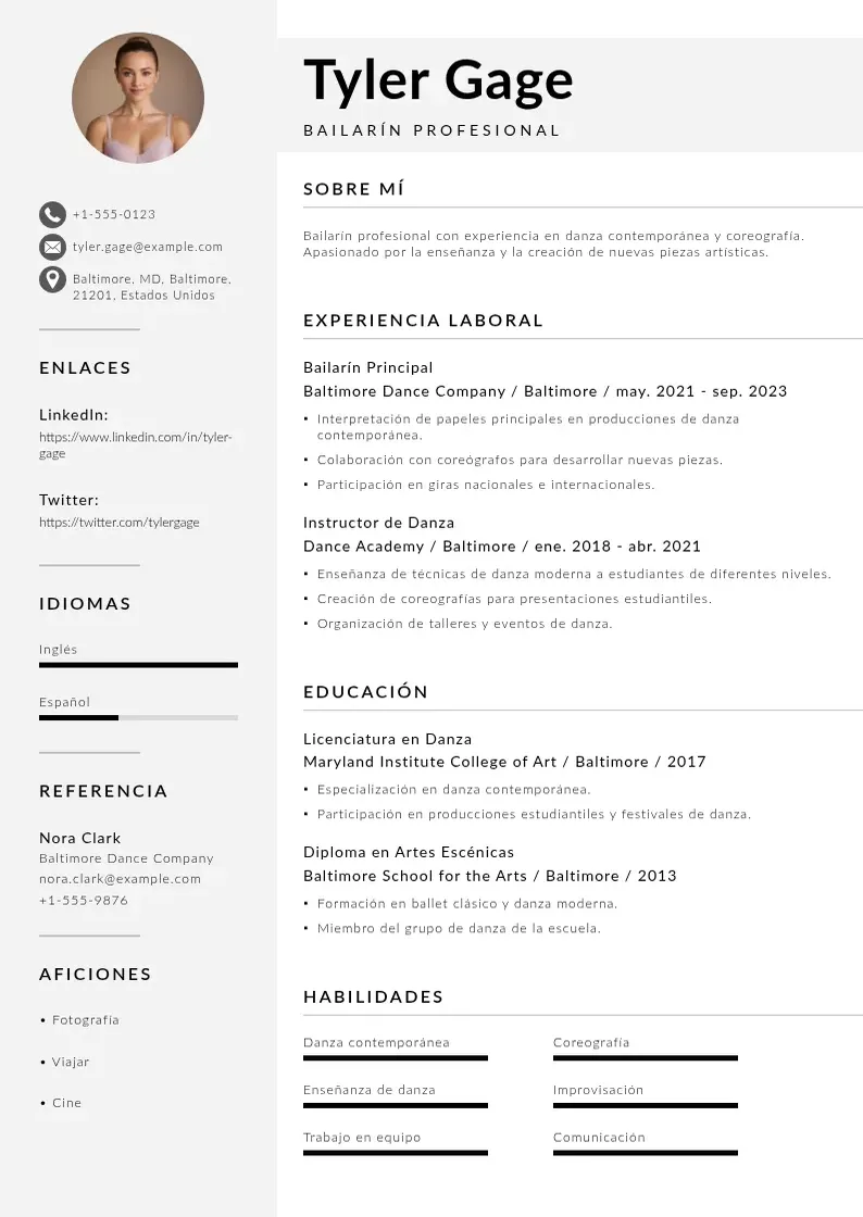 two column curriculum-de-bailarin resume example