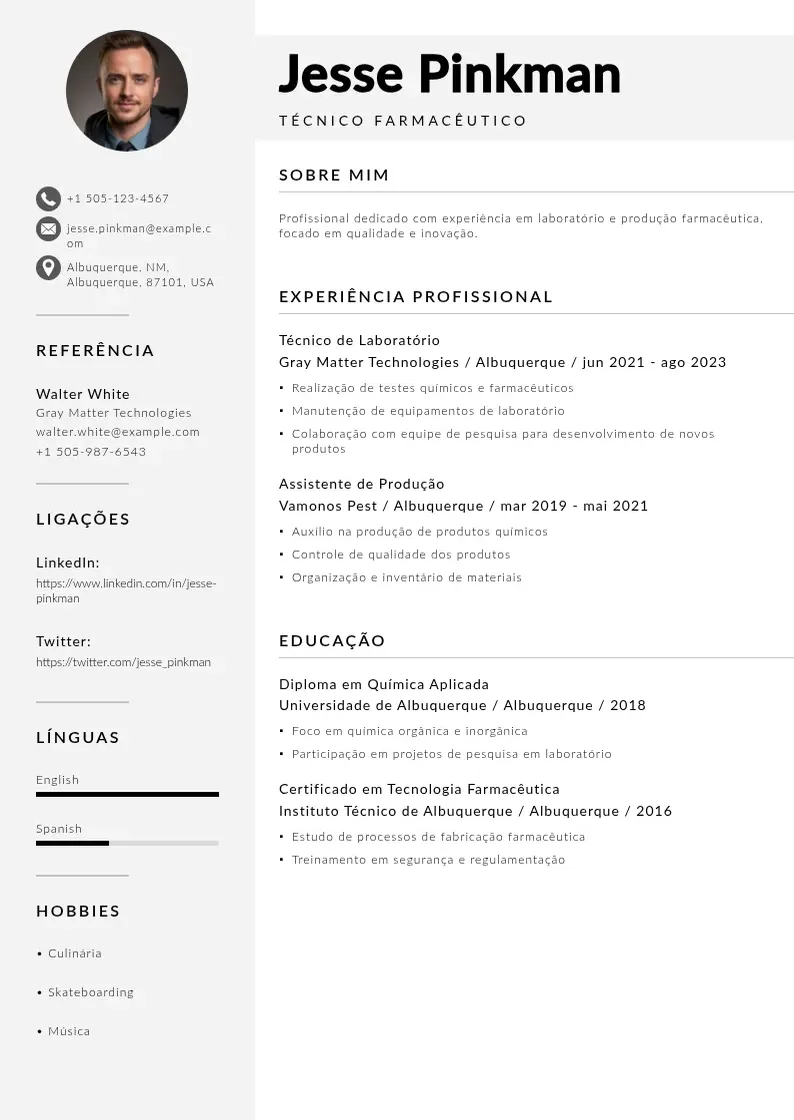 Modelo de currículo moderno de Tecnico farmaceutico