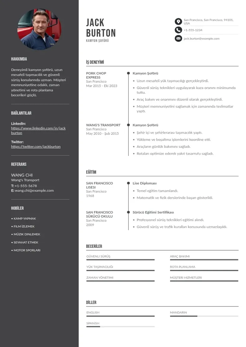 Divu kolonnu Kamyon soforu CV piemērs