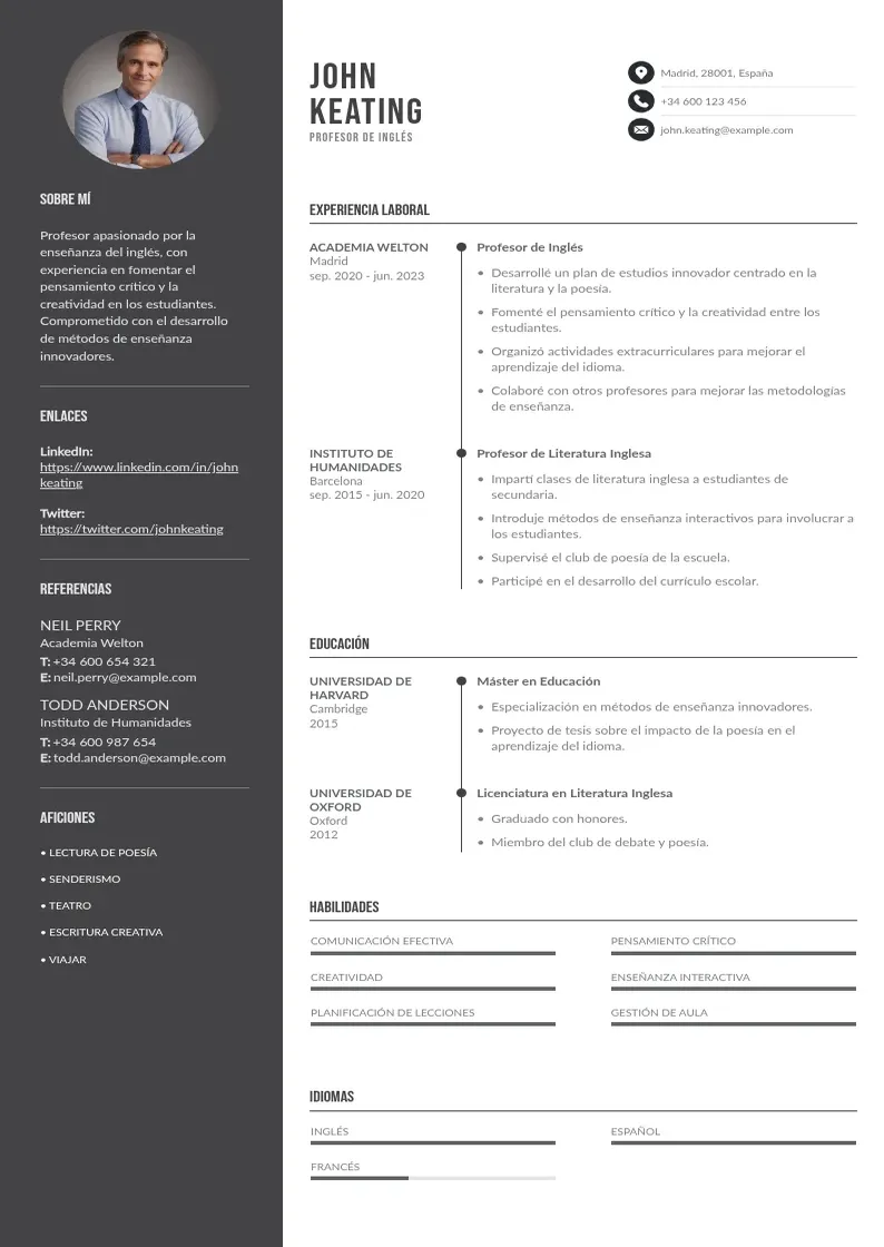 two column profesor-de-ingles resume example