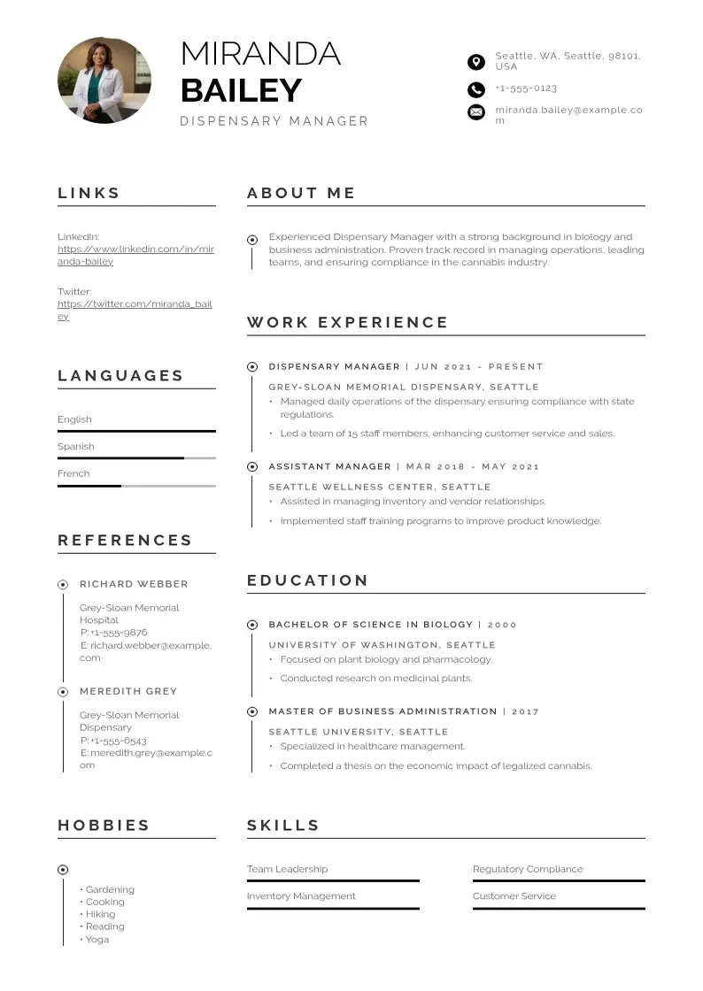 professional Dispensary manager resume resume template