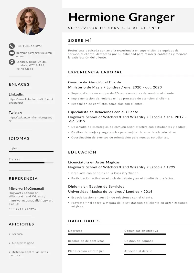 two column supervisor-de-servicio-al-cliente resume example