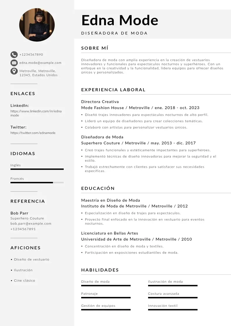 two column disenadora-de-moda-para-espectaculos-nocturnos resume example
