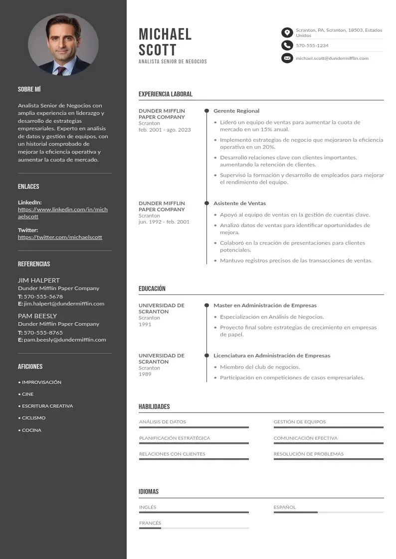 two column cv-analista-senior-de-negocios resume example