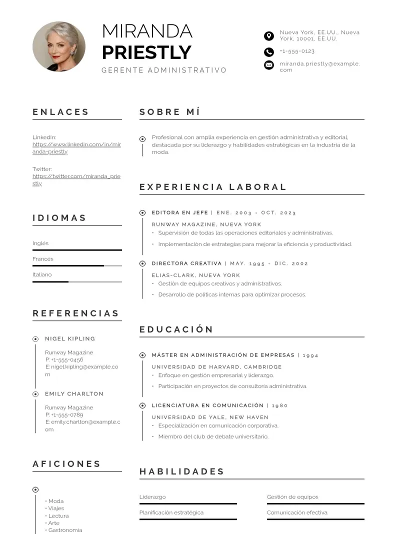 two column gerente-administrativo resume example