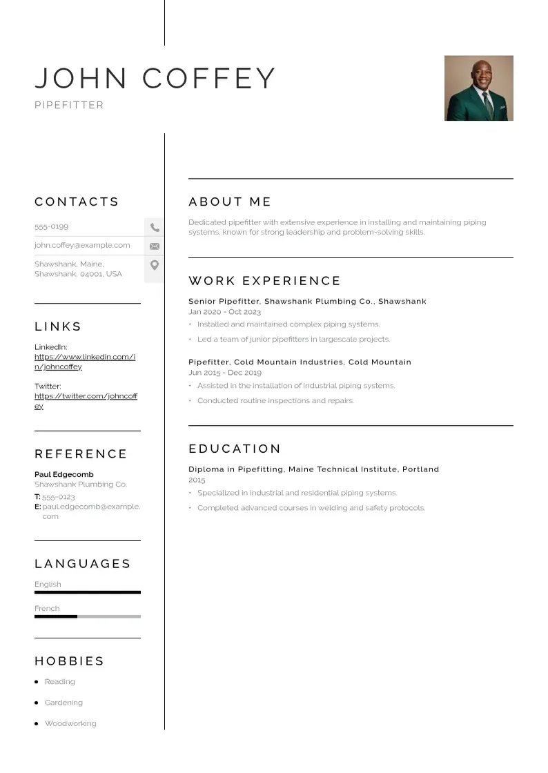 simple Pipefitter resume resume example
