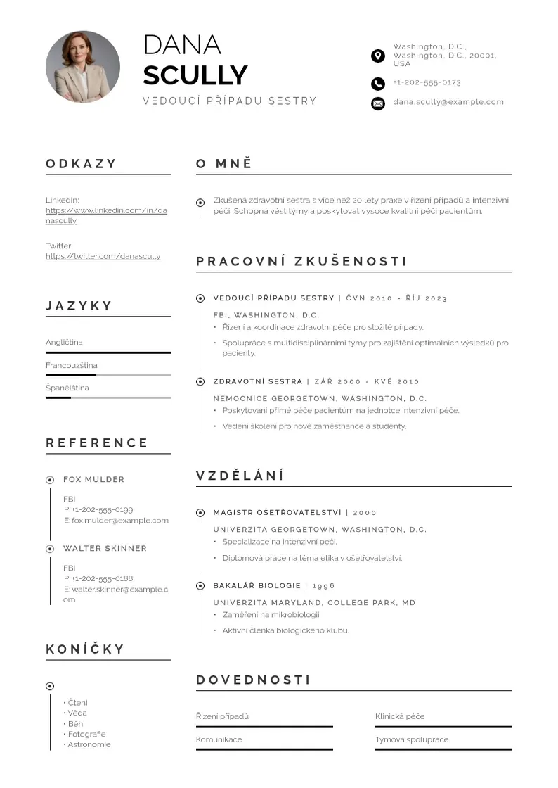 Profesionāla Vedoucí případu sestry  CV veidne