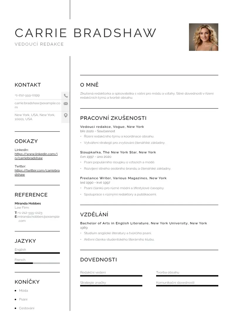 Vienkārša Zivotopis pro vedouciho redakce CV piemērs