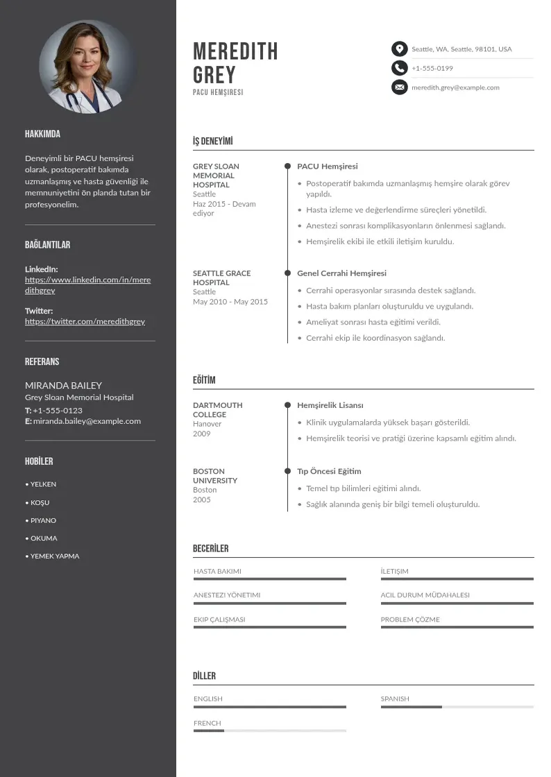 Divu kolonnu PACU Hemşiresi  CV piemērs