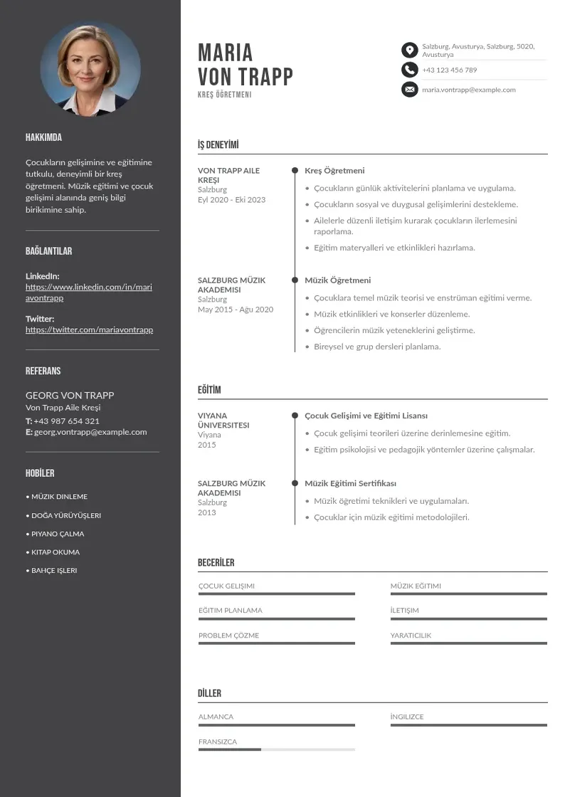 Divu kolonnu Kreş Öğretmeni  CV piemērs