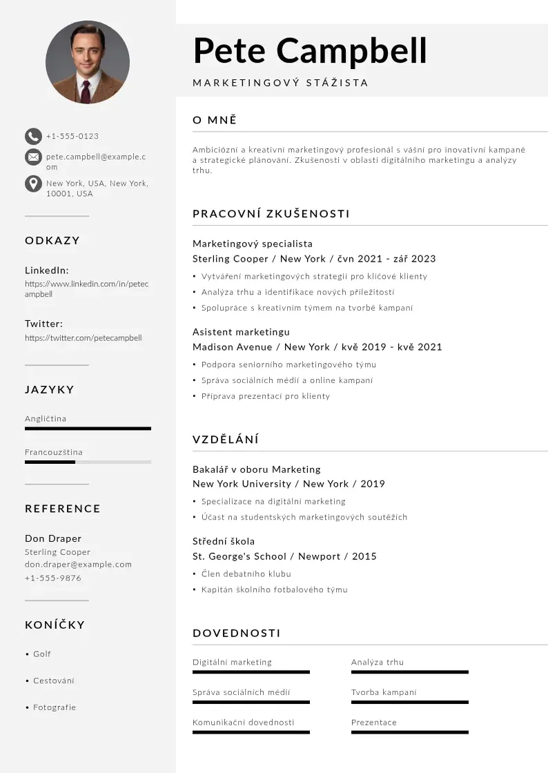 Mūsdienīga Marketingovy stazista zivotopis CV veidne