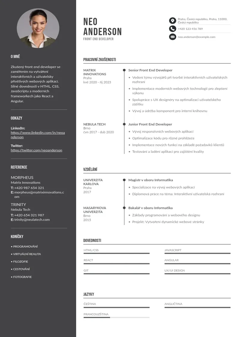Divu kolonnu Zivotopis front end developer CV piemērs