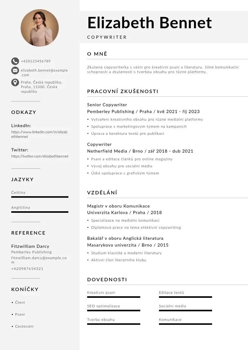 Mūsdienīga Zivotopis copywriter CV veidne