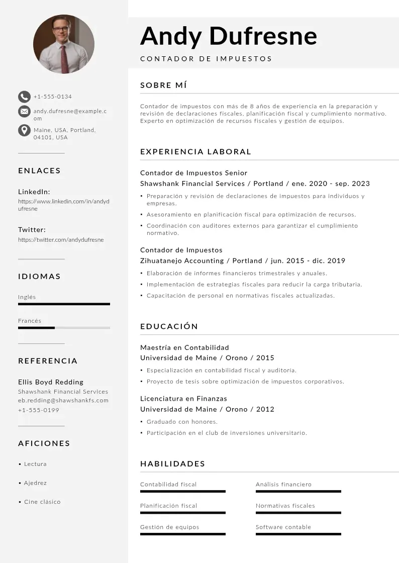 two column cv-contador-de-impuestos resume example